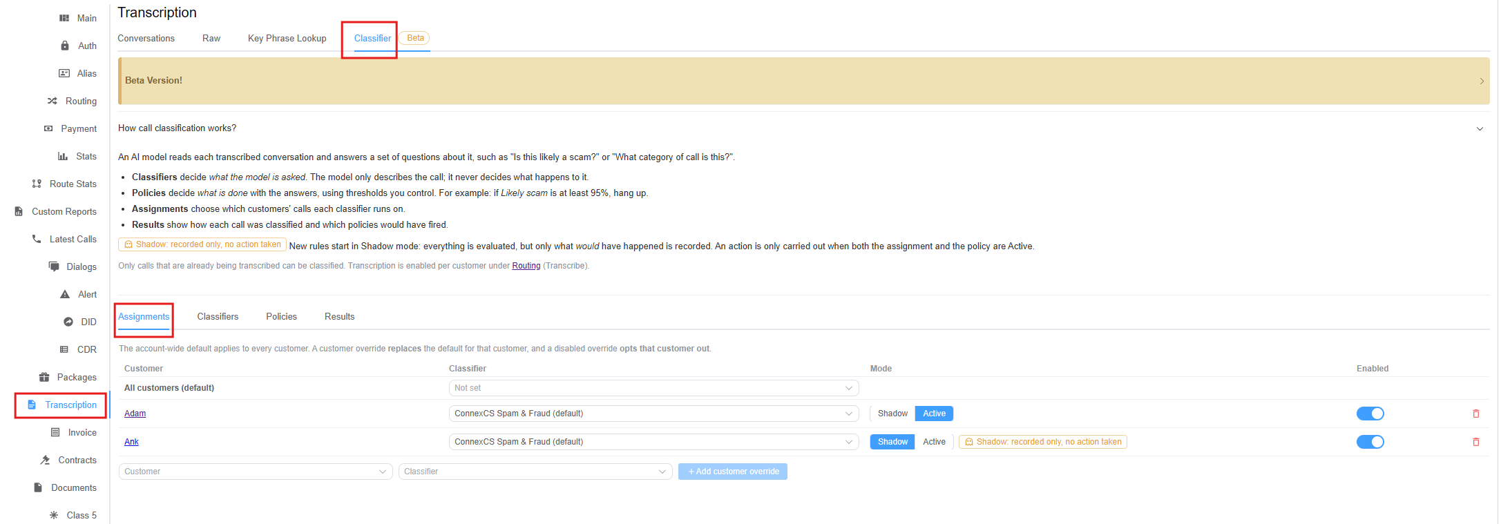Classifier tab - Assignments