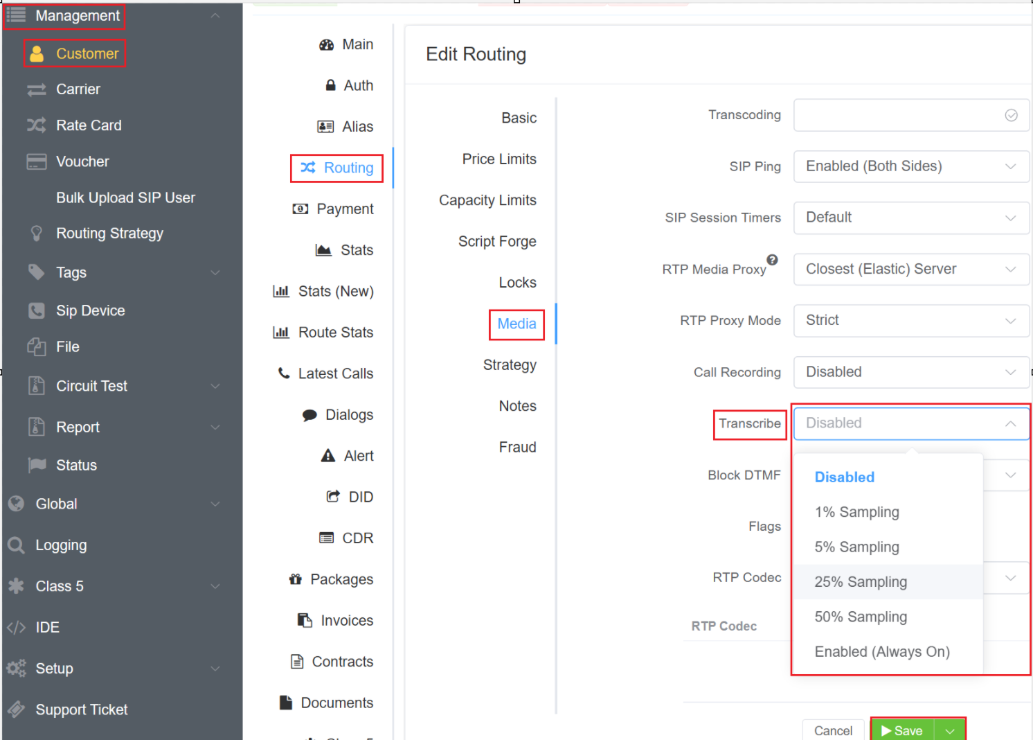 Enable transcription on the customer route